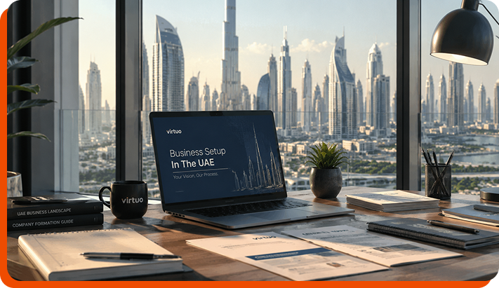 Dubai business setup desk with Virtuo branding and skyline view